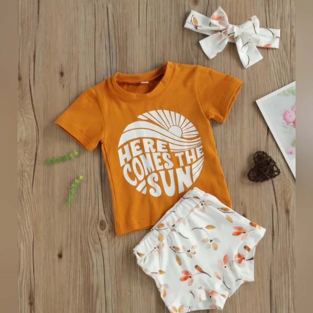 Kids Boho Orange Tee Floral High Waist Shorts Summer Set Baby Girl Outfit 6-9M